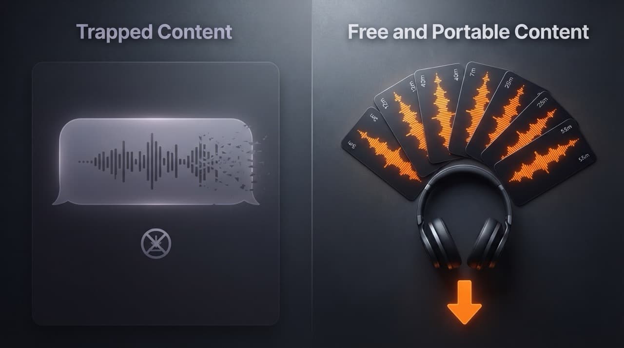 Trapped audio waveform in chat bubble vs downloadable MP3 cards with headphones