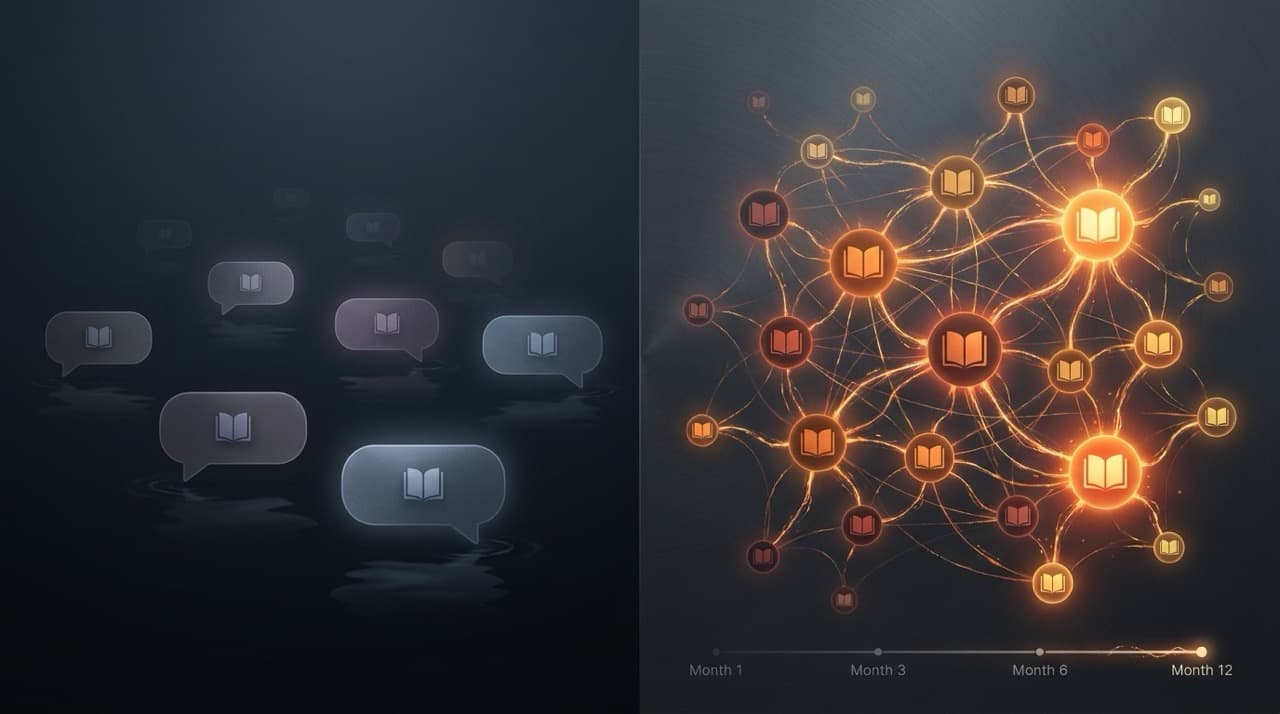Isolated conversations sinking in dark water vs vibrant compounding knowledge graph