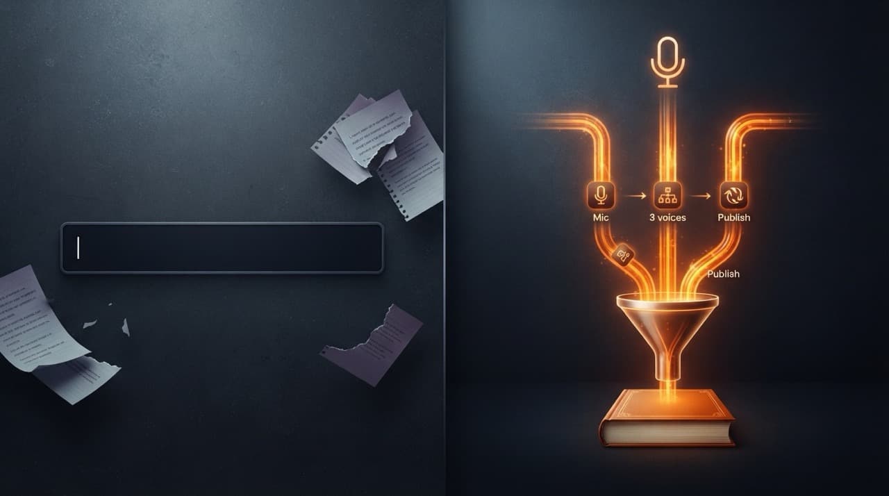 Empty prompt box with scattered pages vs automated mic-to-book publishing pipeline