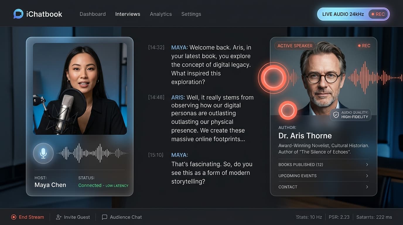 iChatbook Live Interview Studio Interface - Real-time voice conversations with AI author personas